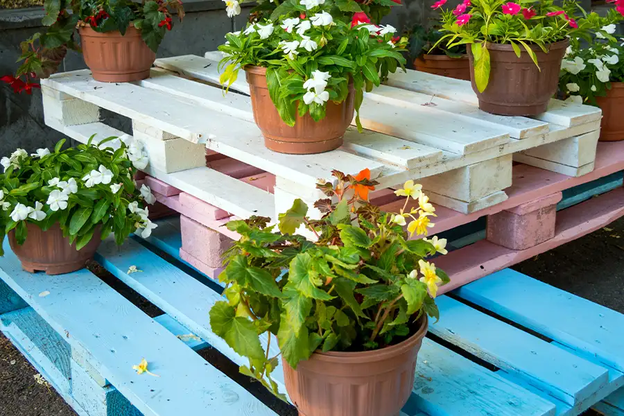 DIY pallet projects - colorfully painted wooden pallet platforms with potted flowers - Tampa Florida