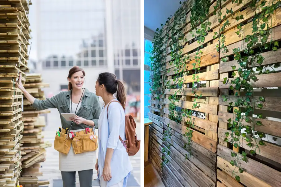 DIY pallet projects - customer purchasing pallets for DIY next to DIY result - Tampa Florida