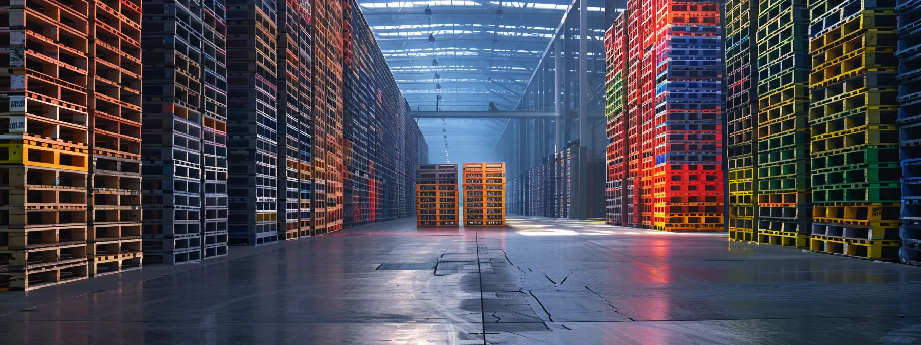 a sleek warehouse interior showcases a neatly arranged stack of custom-built pallets in vibrant colors, emphasizing their tailored designs and efficiency while reflecting a sense of organized shipping operations. a sleek warehouse interior showcases a neatly arranged stack of custom-built pallets in vibrant colors, emphasizing their tailored designs and efficiency while reflecting a sense of organized shipping operations.