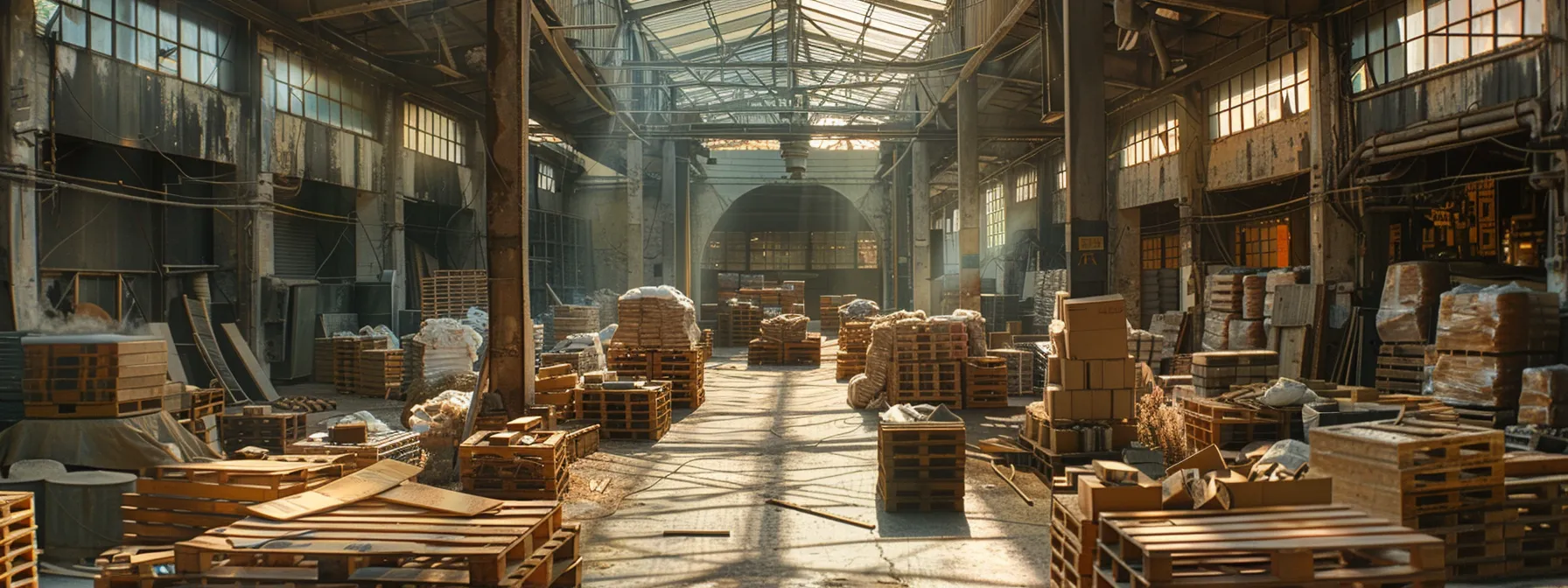 a vibrant warehouse bustling with activity, showcasing neatly stacked recycled pallets under bright, natural lighting, symbolizing a sustainable supply chain transformation.