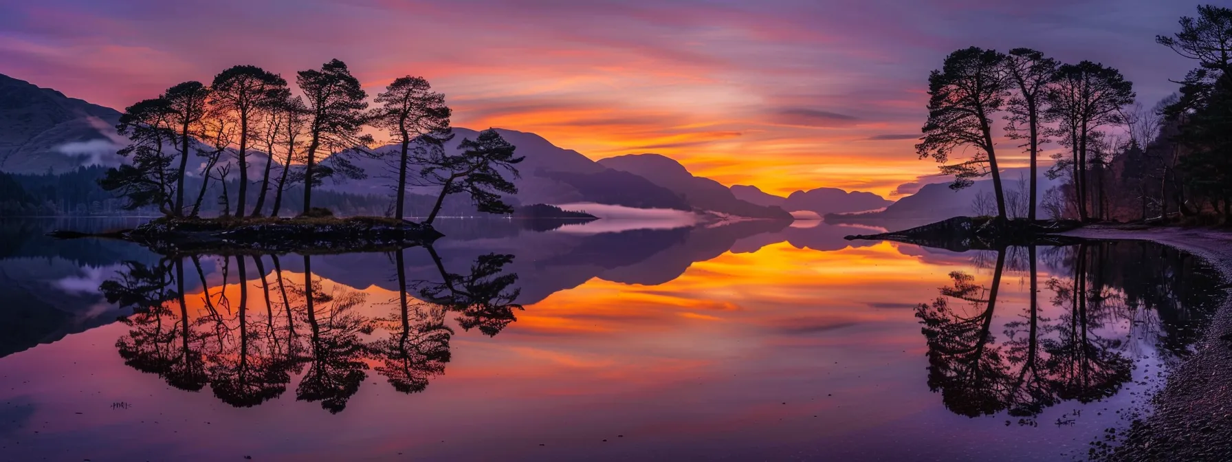 a breathtaking sunset casts vibrant hues of orange and purple over a tranquil lake, where the still water perfectly mirrors the colorful sky and surrounding silhouetted trees.