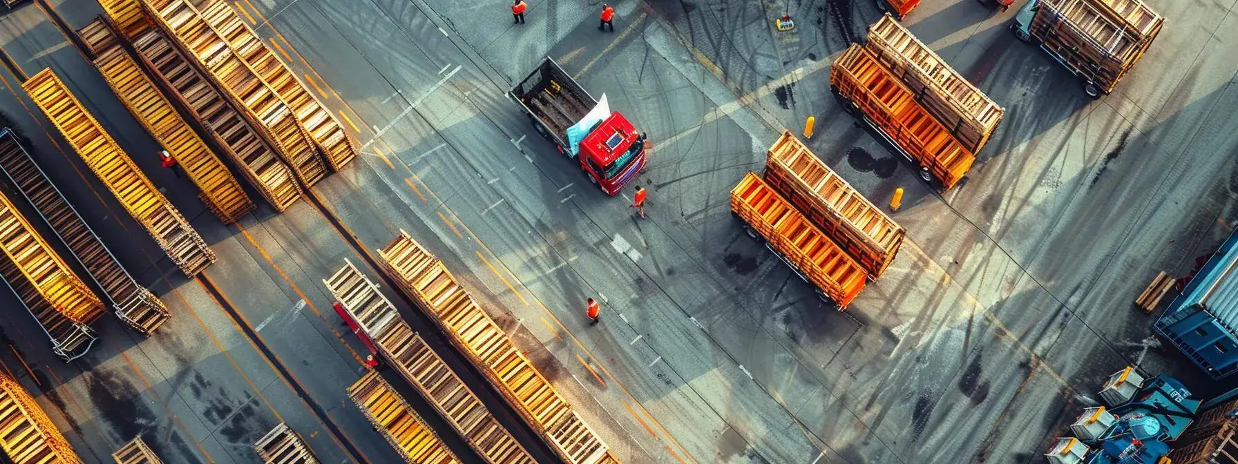a bustling tampa shipping dock features a sleek arrangement of vibrant, custom-built recycled pallets, symbolizing enhanced load management and speed as workers efficiently load trucks, showcasing a modern and eco-conscious logistics operation. a bustling tampa shipping dock features a sleek arrangement of vibrant, custom-built recycled pallets, symbolizing enhanced load management and speed as workers efficiently load trucks, showcasing a modern and eco-conscious logistics operation.