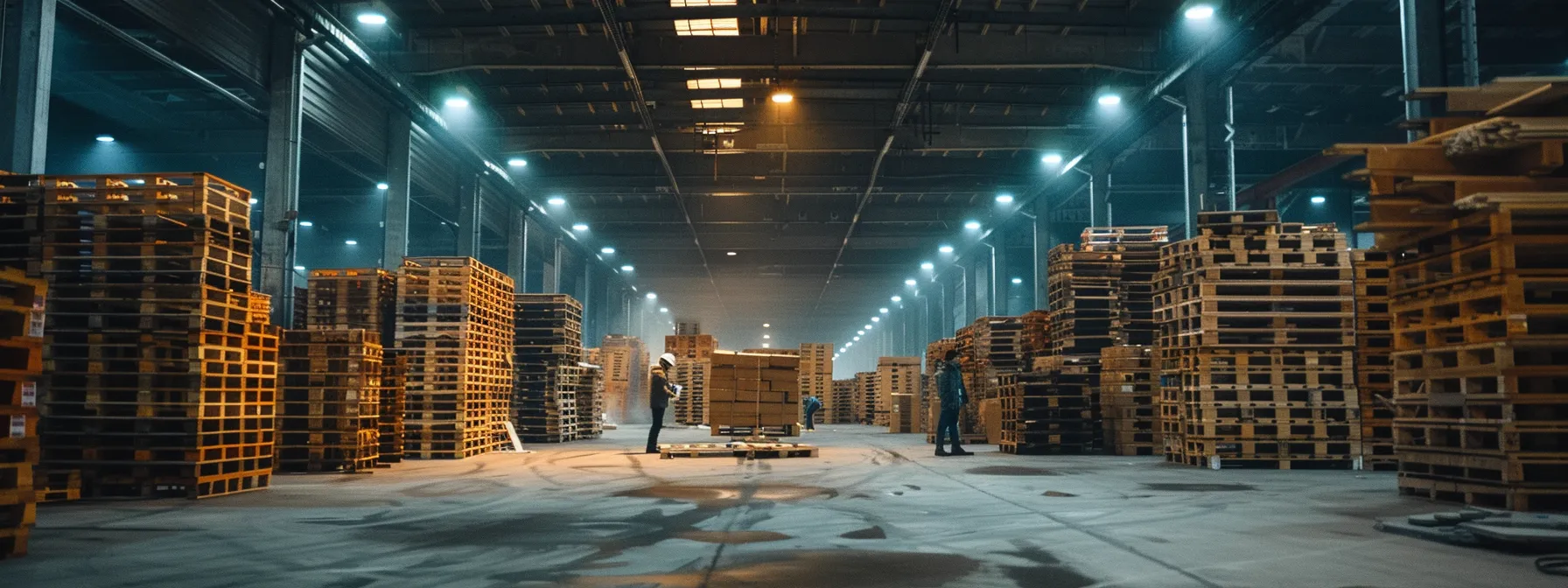 a bustling warehouse filled with workers efficiently inspecting and sorting stacks of recycled pallets, illuminated by bright fluorescent lights that highlight the textural details of the reclaimed wood, emphasizing the commitment to sustainable practices and quality management. a bustling warehouse filled with workers efficiently inspecting and sorting stacks of recycled pallets, illuminated by bright fluorescent lights that highlight the textural details of the reclaimed wood, emphasizing the commitment to sustainable practices and quality management.