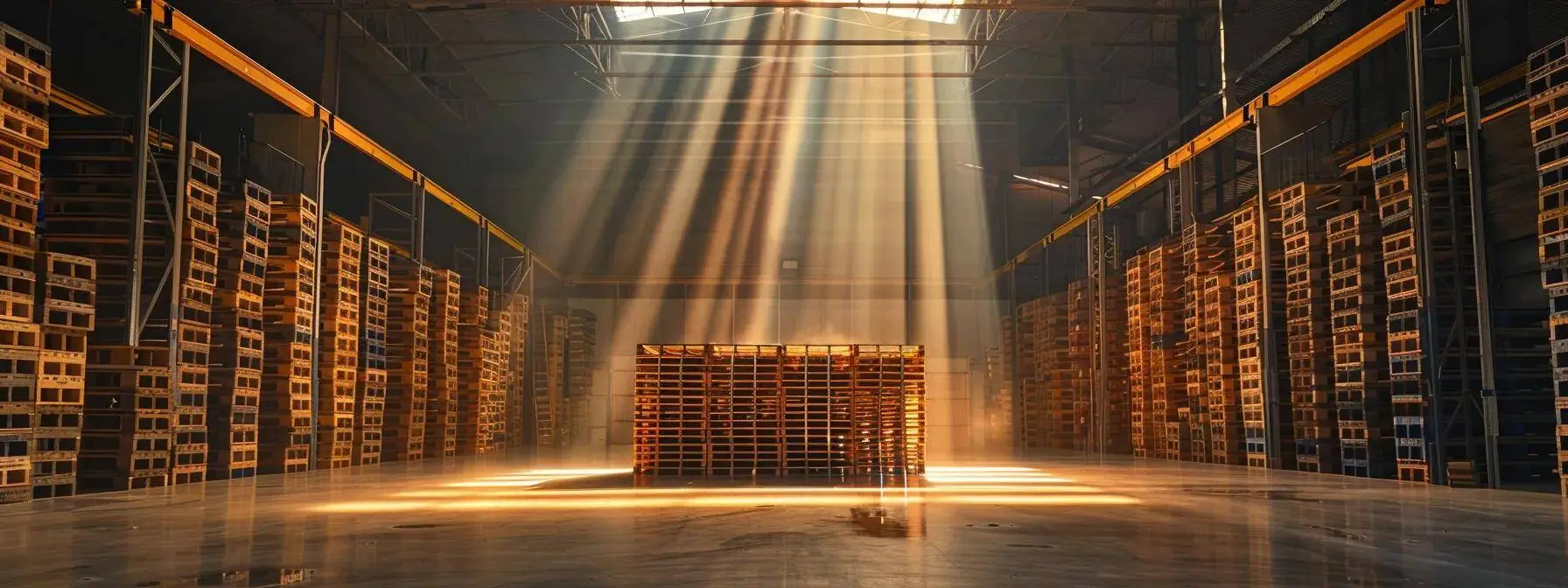 a dynamic warehouse setting showcases stacked, robust recycled pallets, illuminated by overhead industrial lights that highlight their sturdy construction, symbolizing the essential role they play in ensuring cargo safety during transport. a dynamic warehouse setting showcases stacked, robust recycled pallets, illuminated by overhead industrial lights that highlight their sturdy construction, symbolizing the essential role they play in ensuring cargo safety during transport.