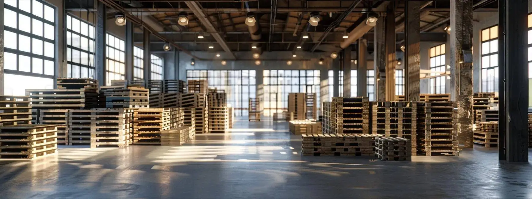 a modern warehouse interior showcases neatly stacked, eco-friendly recycled pallets in rich shades of reclaimed wood, emphasizing their role in sustainable logistics and corporate responsibility against a backdrop of clean, efficient industrial design. a modern warehouse interior showcases neatly stacked, eco-friendly recycled pallets in rich shades of reclaimed wood, emphasizing their role in sustainable logistics and corporate responsibility against a backdrop of clean, efficient industrial design.