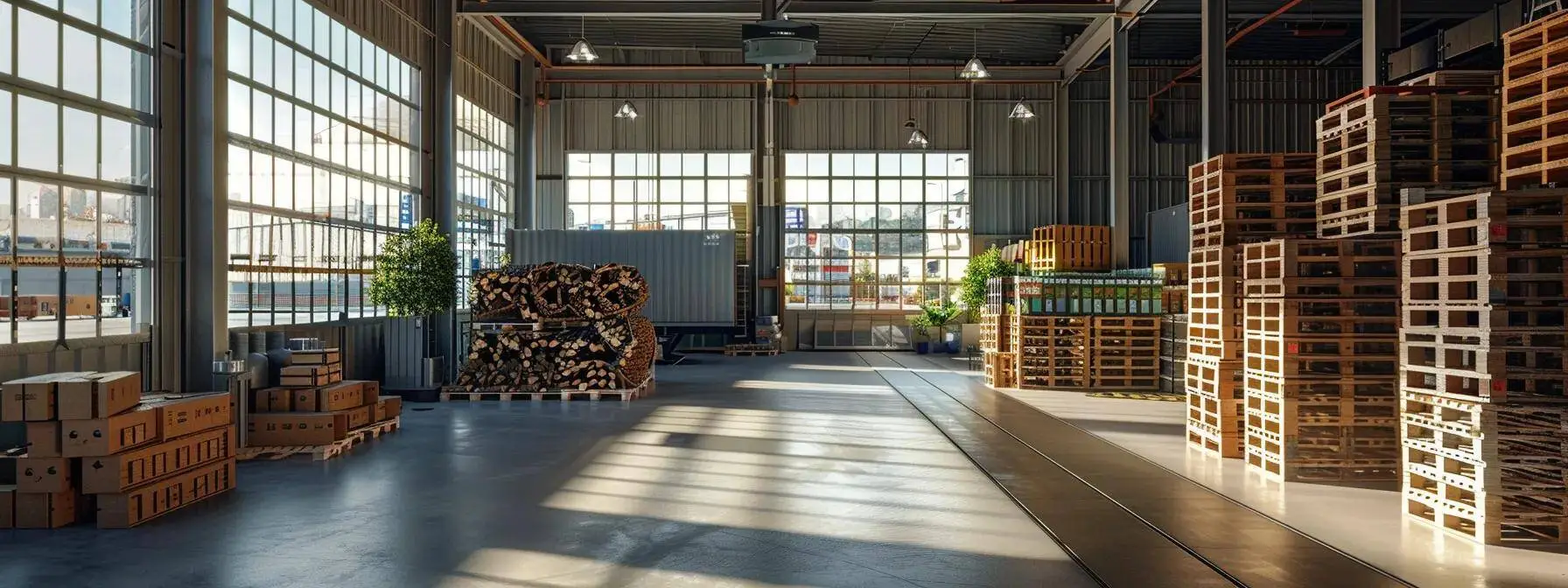 a modern warehouse interior fills with neatly stacked recycled pallets, showcasing a vibrant array of colors and textures, highlighting their role in enhancing shipping efficiency and reducing costs for businesses. a modern warehouse interior fills with neatly stacked recycled pallets, showcasing a vibrant array of colors and textures, highlighting their role in enhancing shipping efficiency and reducing costs for businesses.