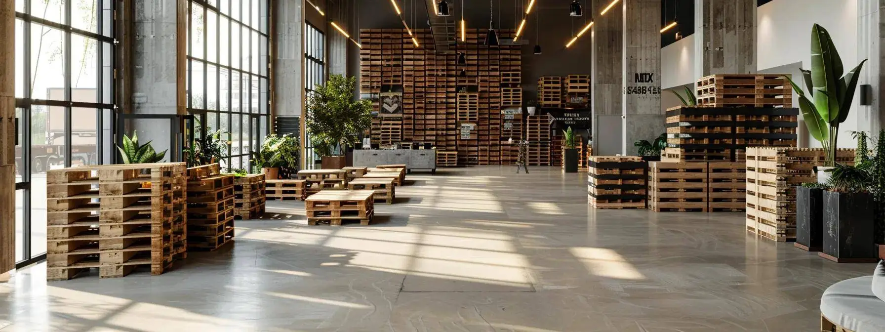 a modern warehouse interior showcases stacks of sturdy, recycled pallets prominently displayed, emphasizing a sleek, corporate atmosphere that highlights the brand's commitment to sustainability and eco-friendly shipping practices. a modern warehouse interior showcases stacks of sturdy, recycled pallets prominently displayed, emphasizing a sleek, corporate atmosphere that highlights the brand's commitment to sustainability and eco-friendly shipping practices.