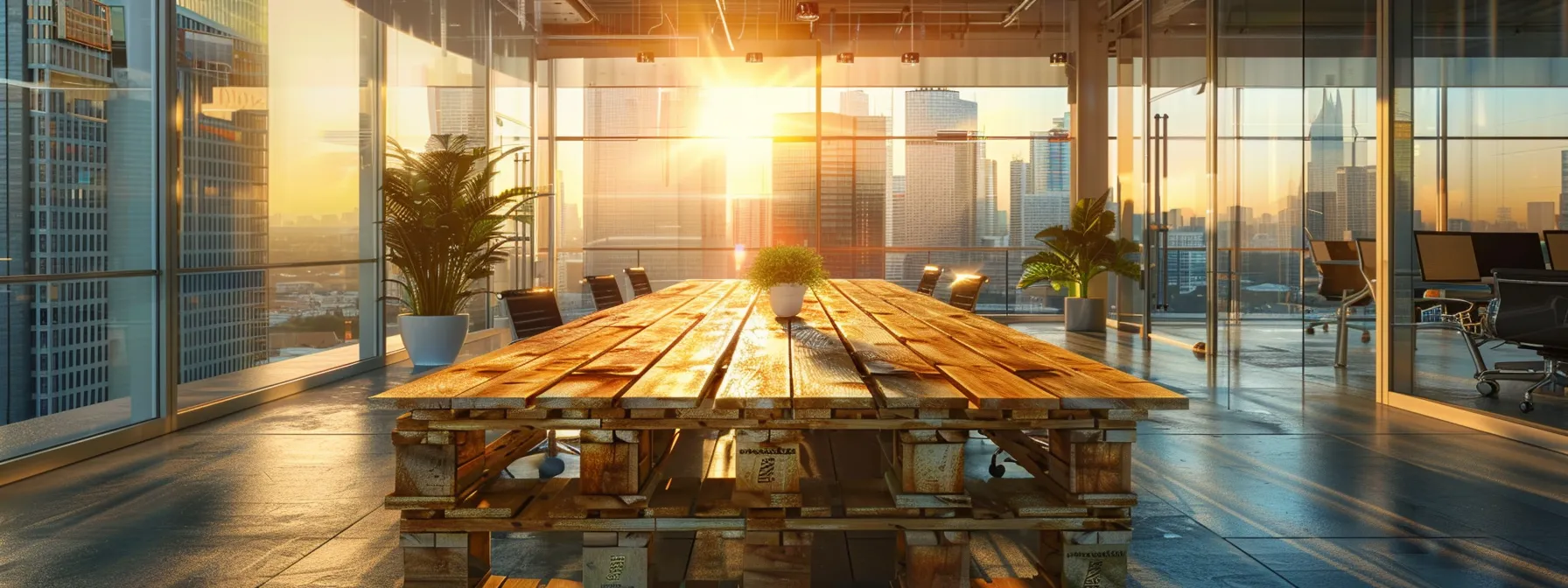 a sleek, modern office space features a stylish conference table made from recycled pallets, emphasizing sustainability through contemporary design while a sunlight-drenched cityscape can be seen through expansive windows behind it.