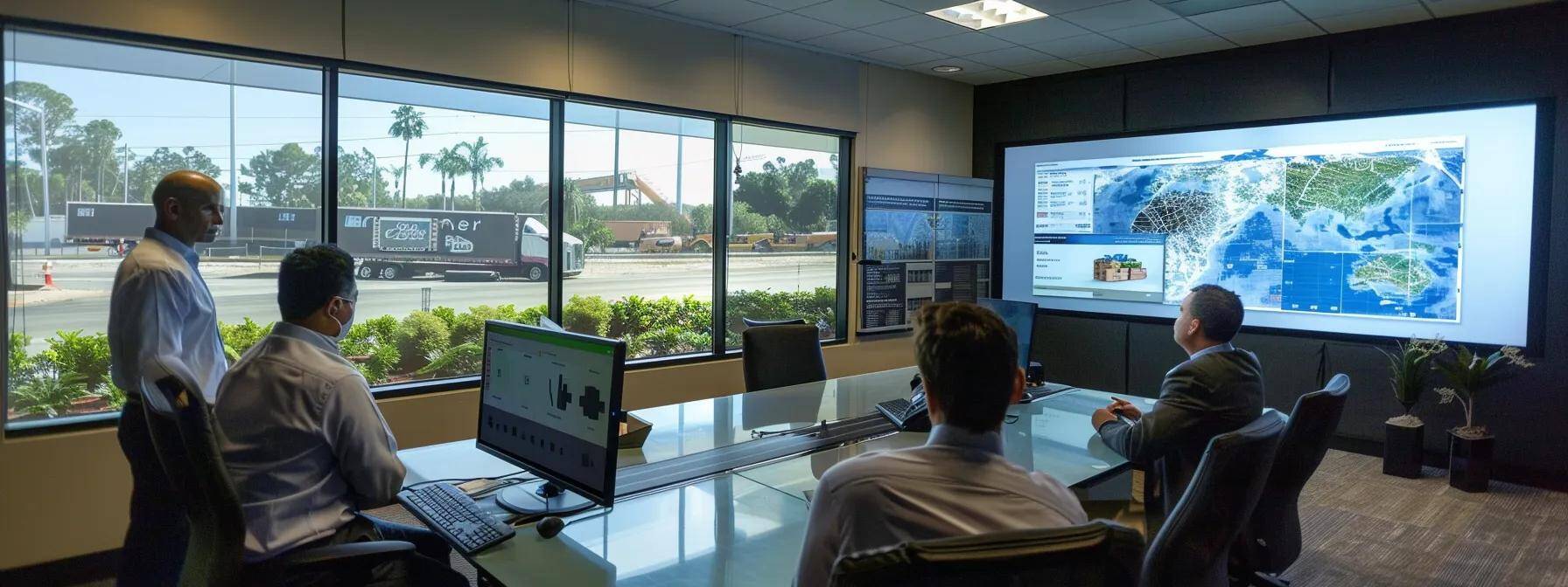 a sleek, modern logistics office in tampa showcases logistics managers engaged in a focused discussion around a large digital display, analyzing various custom pallet designs tailored for efficient transportation between tampa and orlando. a sleek, modern logistics office in tampa showcases logistics managers engaged in a focused discussion around a large digital display, analyzing various custom pallet designs tailored for efficient transportation between tampa and orlando.