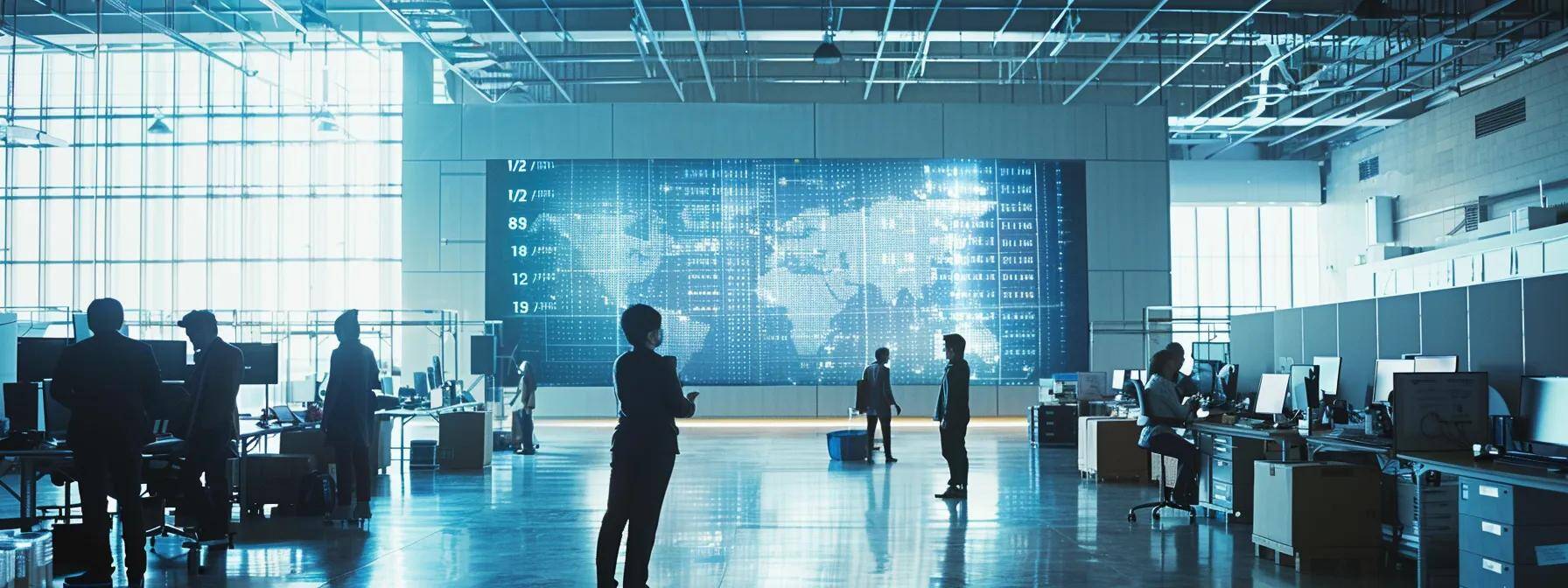 a sleek, modern office with a focus on a large digital screen displaying real-time inventory data, surrounded by professionals discussing logistics strategies amidst organized pallets in a bright, efficient workspace. a sleek, modern office with a focus on a large digital screen displaying real-time inventory data, surrounded by professionals discussing logistics strategies amidst organized pallets in a bright, efficient workspace.