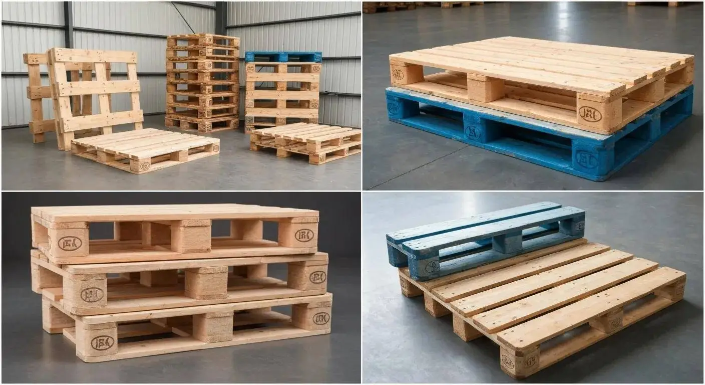 Diverse custom pallets in a warehouse, showcasing various materials and designs
