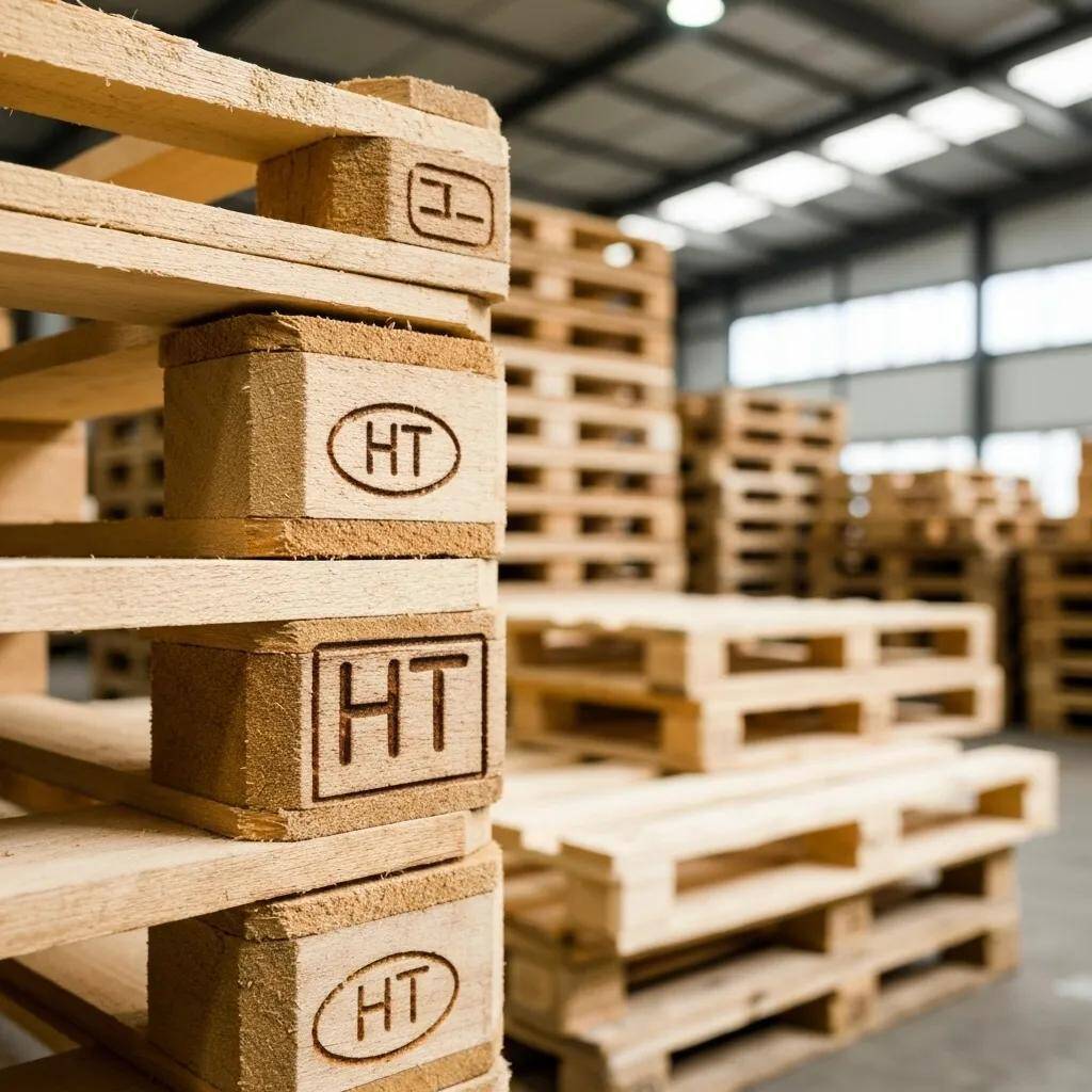 Close-up of heat-treated pallets with visible 'HT' stamp, emphasizing compliance for export shipping