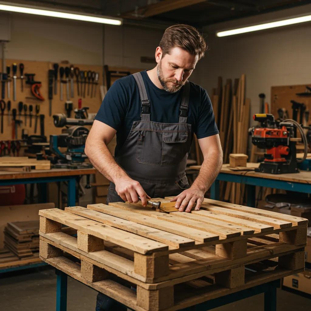 Craftsman customizing wooden pallets in a workshop, highlighting tailored solutions for Lakeland businesses
