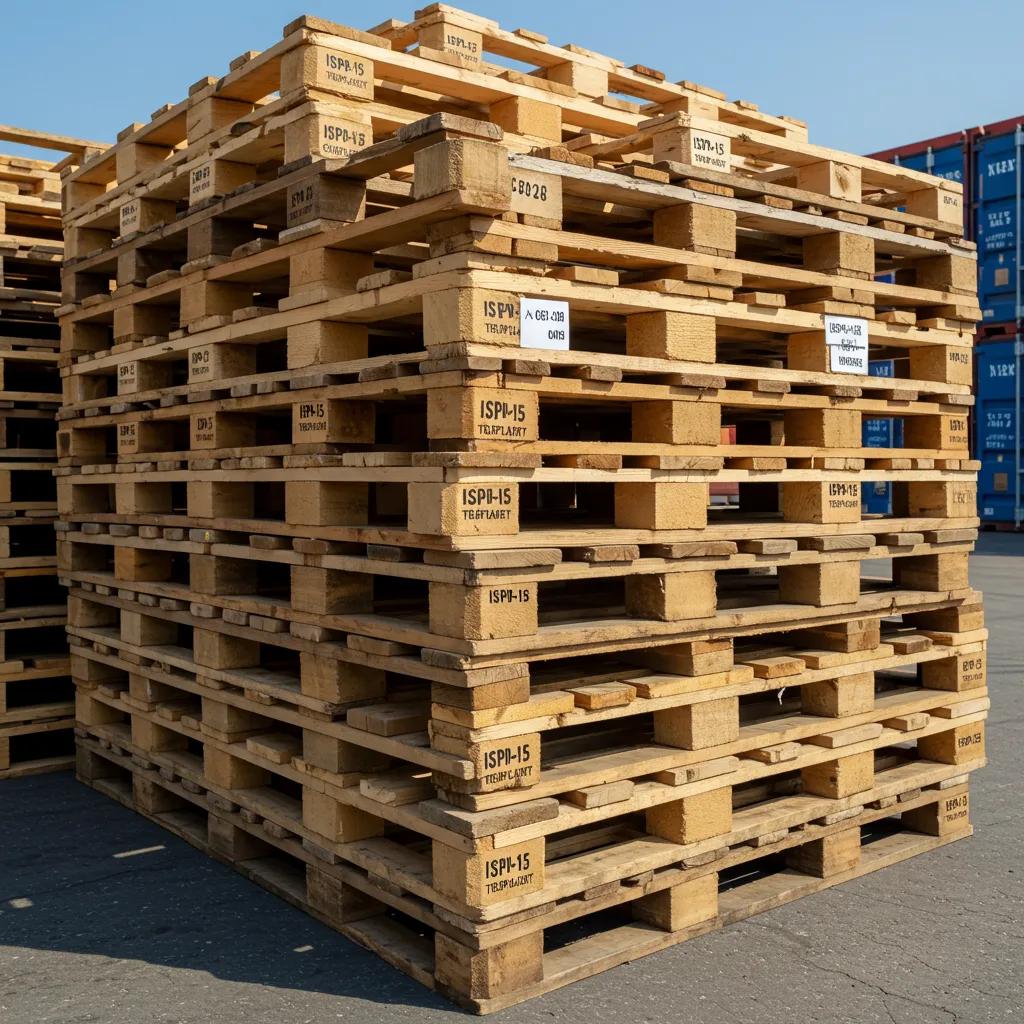 Stack of heat-treated wooden pallets with ISPM-15 certification labels in a shipping yard, showcasing export readiness