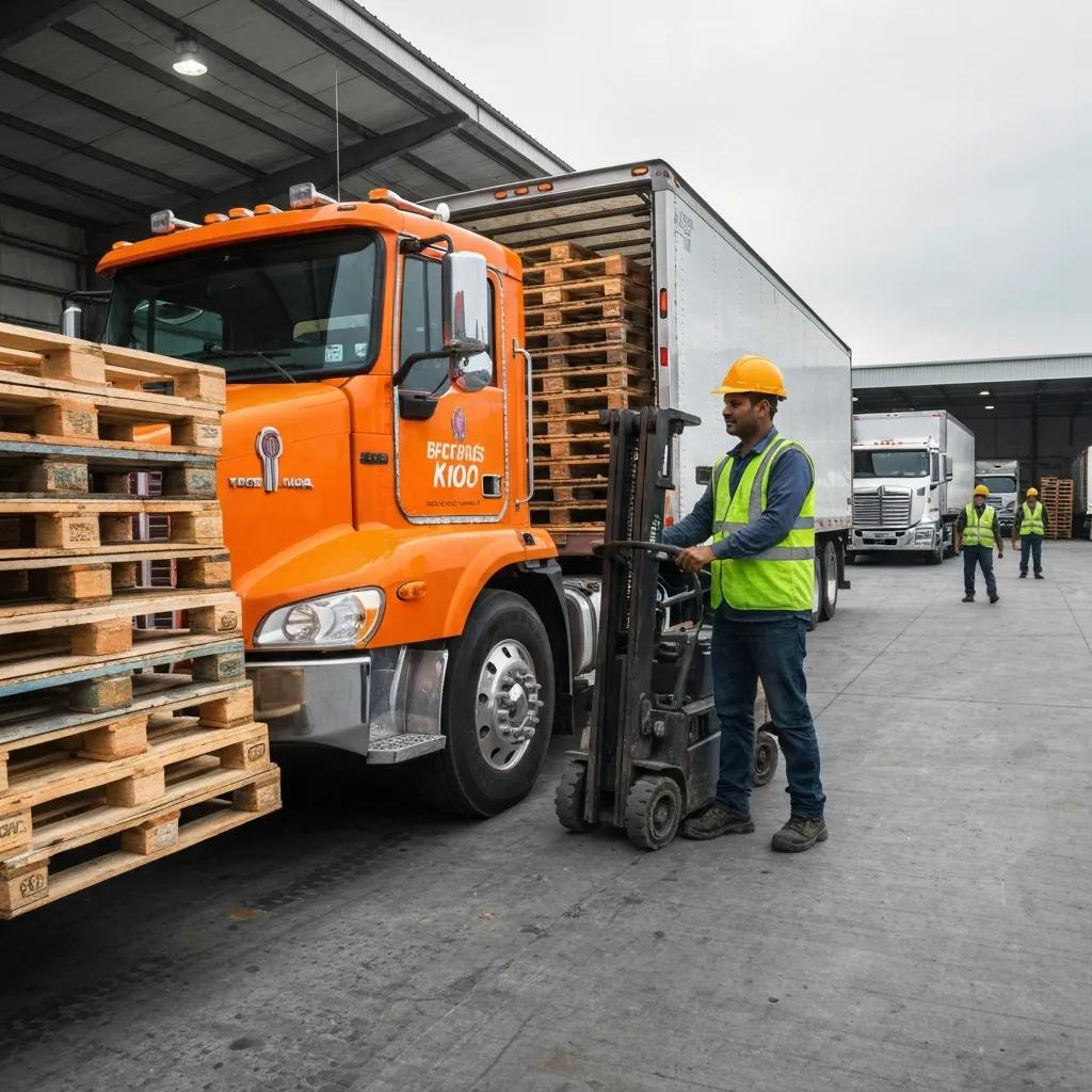 Local delivery truck unloading pallets at a busy warehouse, showcasing delivery efficiency