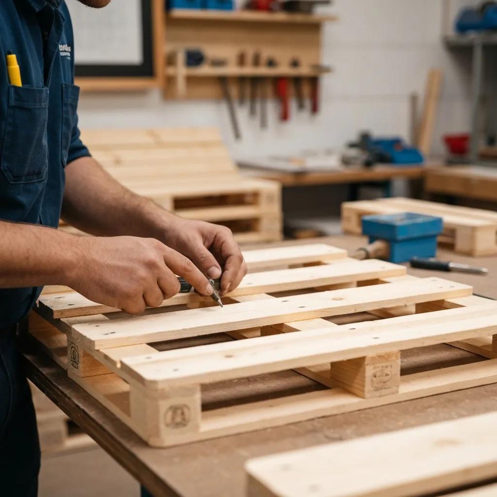 Worker inspecting a custom pallet design in a workshop, highlighting local craftsmanship