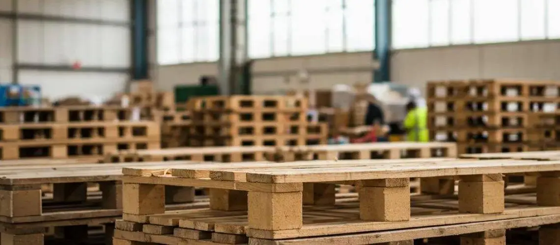 Recycled wooden pallets in a warehouse, highlighting sustainable shipping solutions