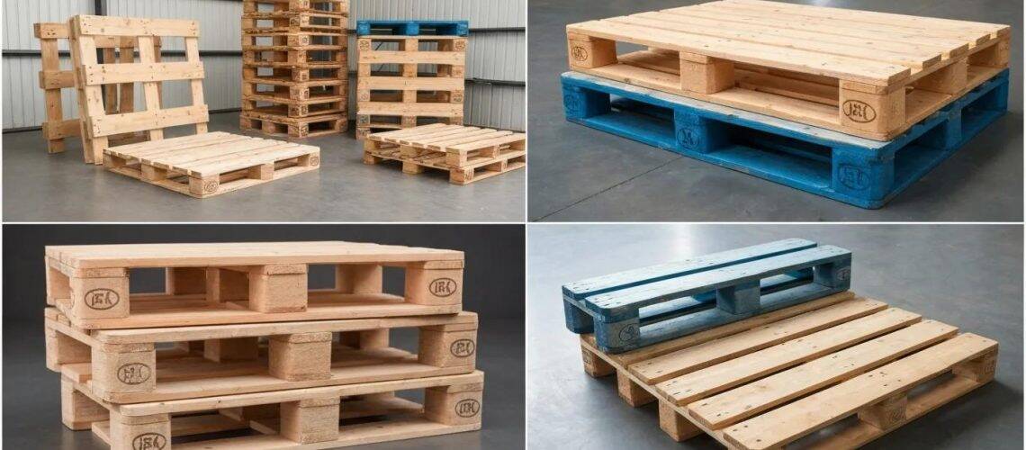 Diverse custom pallets in a warehouse, showcasing various materials and designs