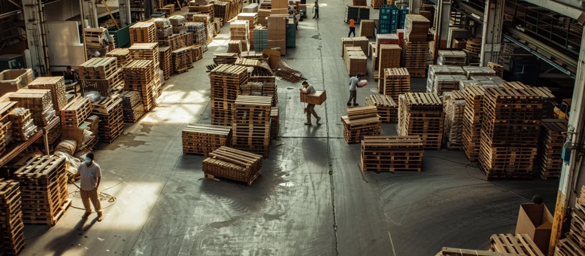 a bustling warehouse filled with neatly stacked, recycled wooden pallets in varying shades of brown, surrounded by industrious workers inspecting and sorting them in an efficient, organized manner.