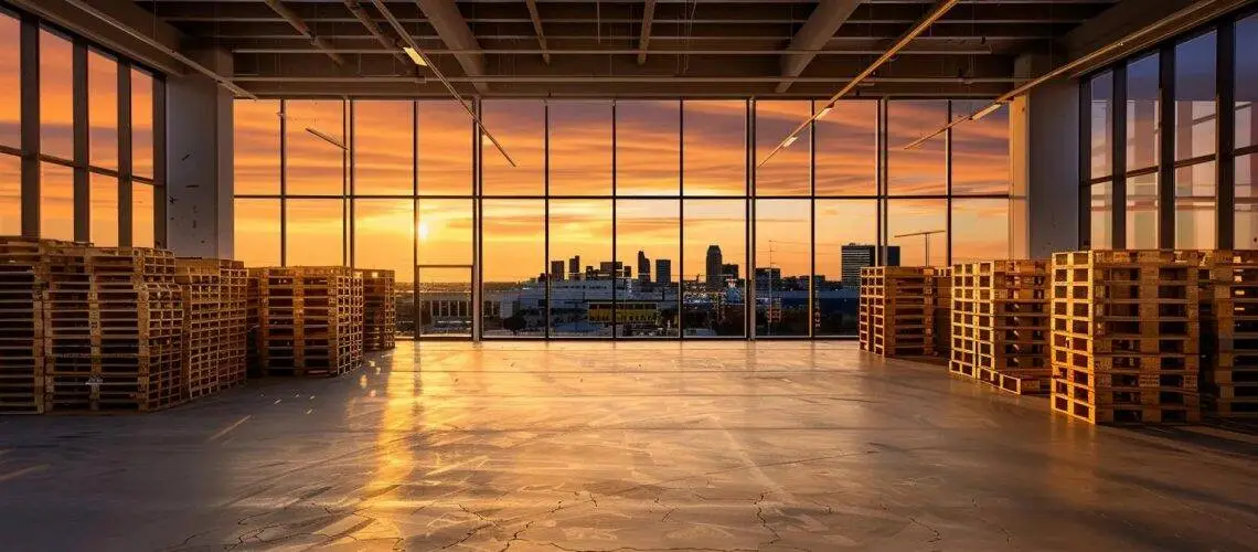 a sleek, modern warehouse filled with neatly stacked recycled pallets, showcasing their durability and eco-friendliness against the backdrop of urban tampa's skyline through large glass windows, illuminated by crisp, artificial lighting.