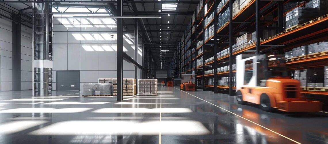 a sleek, modern warehouse interior showcases an organized pallet racking system, with stacks of efficiently arranged goods and an automated forklift in motion, emphasizing the theme of enhanced efficiency and cost savings in logistics.