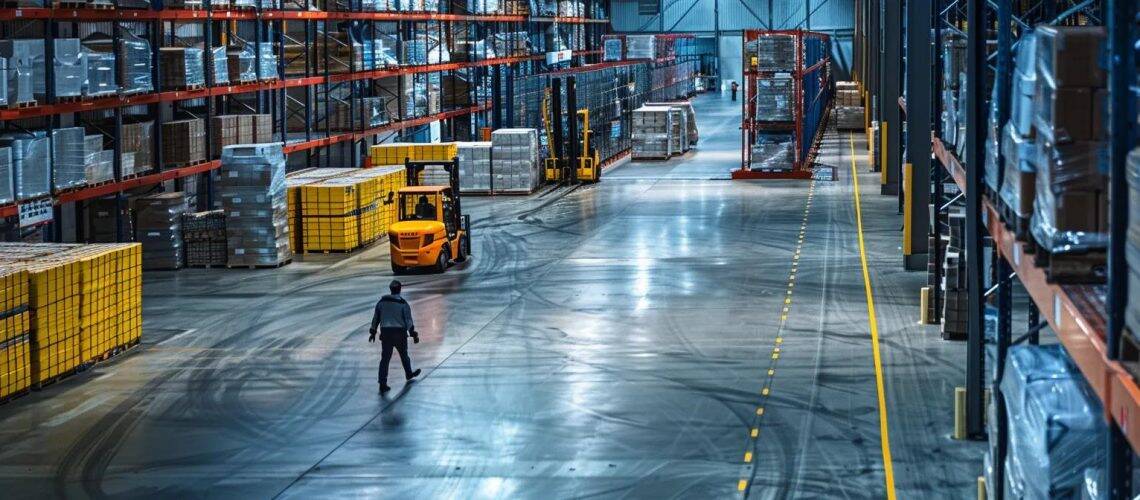 a dynamic warehouse scene captures a logistics manager inspecting custom pallets, with rows of neatly stacked goods and forklifts in motion, emphasizing the efficiency and reliability of the supply chain between tampa and orlando.
