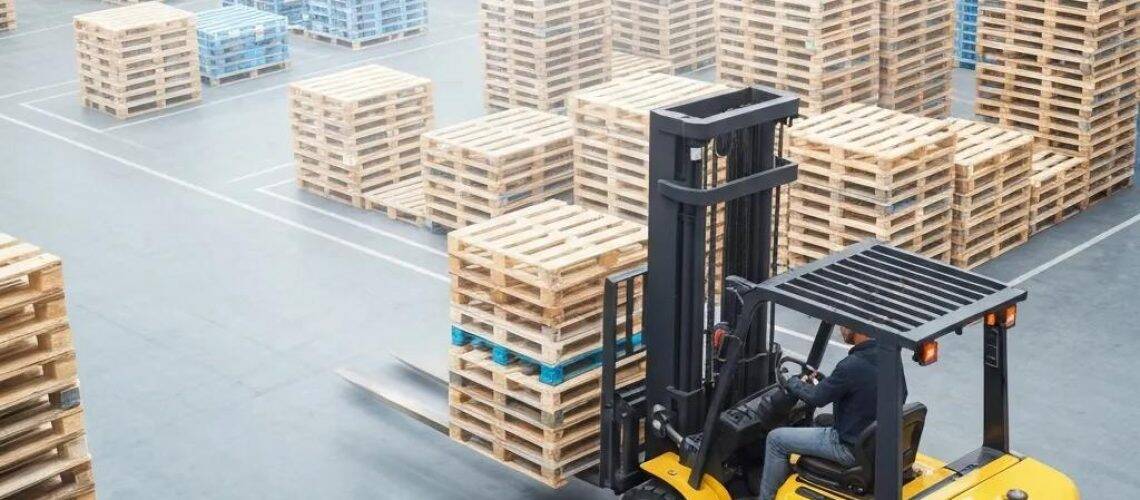 Warehouse with organized pallets and a forklift, illustrating reliable pallet solutions for efficient operations