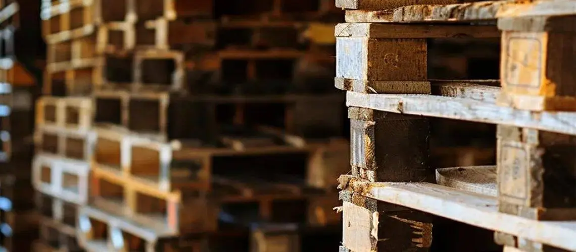 Wooden pallets stacked in a warehouse, highlighting durability and quality for logistics solutions