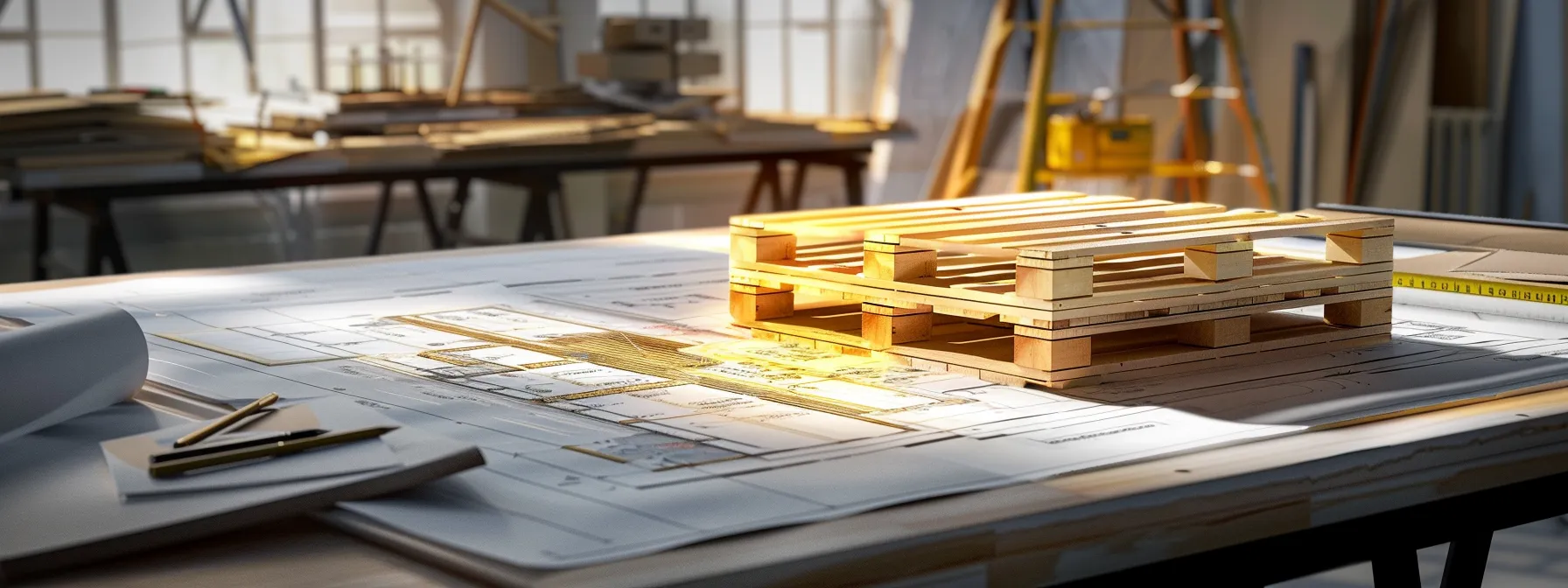 a detailed 3d rendering of a custom pallet design sits on a drafting table, illuminated by soft natural light, showcasing vibrant colors and precise measurements against a backdrop of technical sketches and design tools.