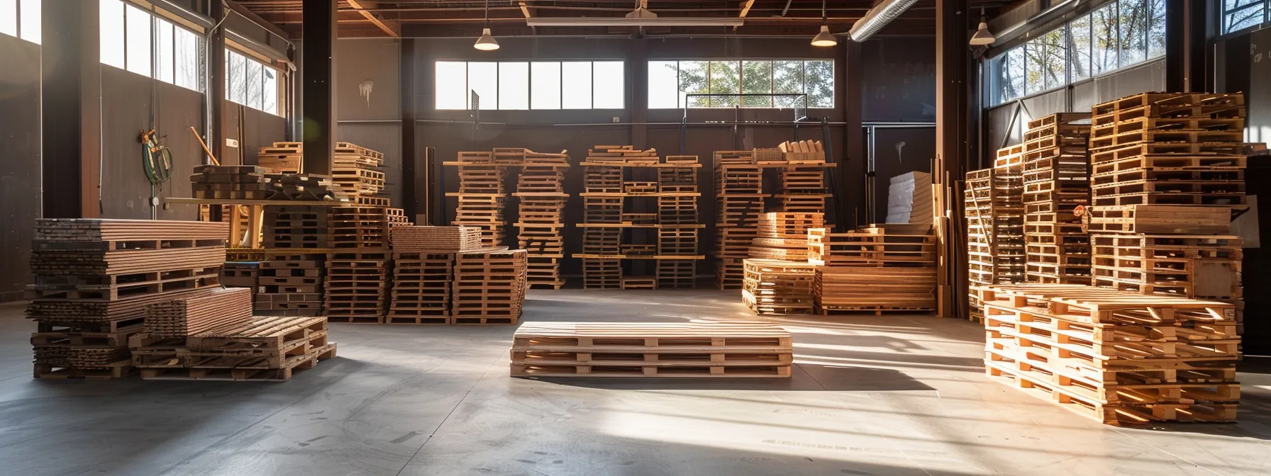 a meticulously arranged display of custom-built wooden pallets in a sunlit warehouse, showcasing their tailored designs and robust durability against a backdrop of industrial shelves and neatly stacked shipping materials.