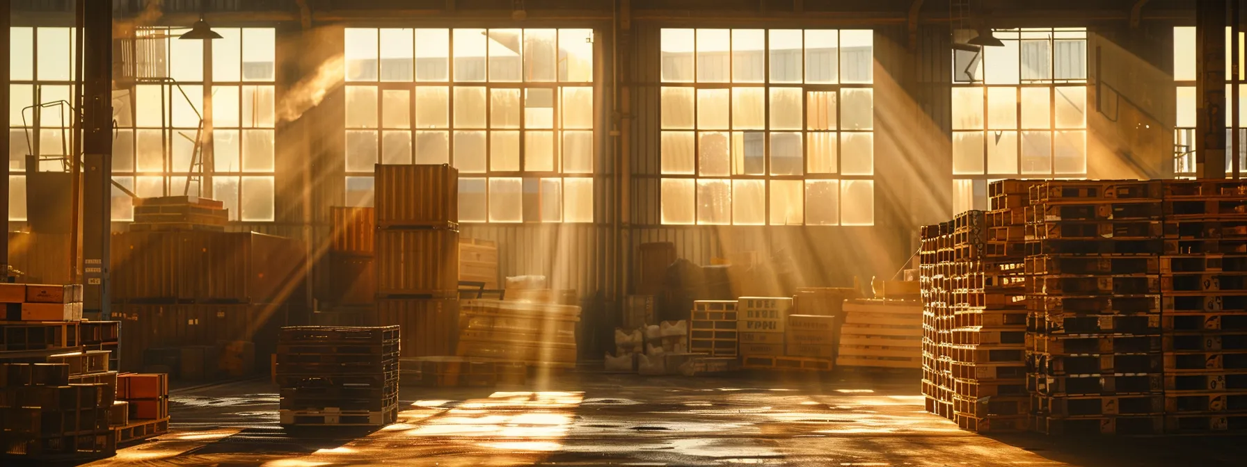 a picturesque warehouse filled with neatly stacked, certified recycled pallets, illuminated by warm sunlight streaming through large windows, reflecting a commitment to sustainability and quality in environmentally friendly packaging solutions.