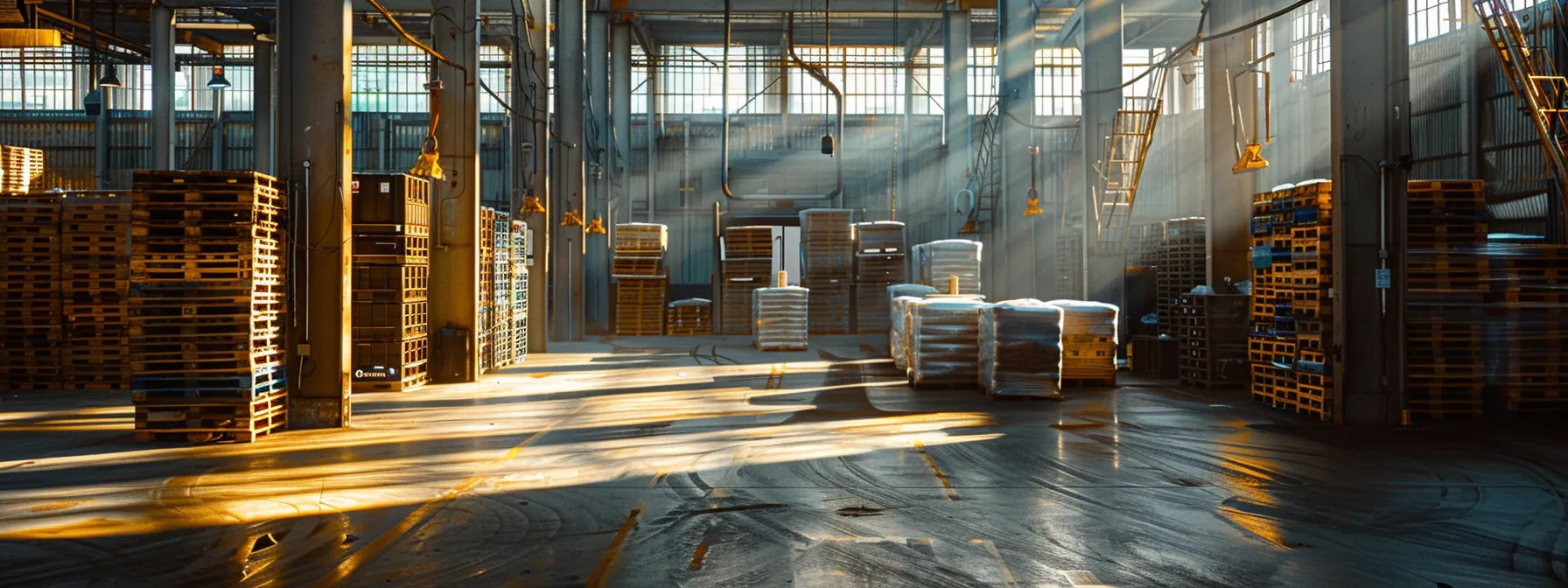 a vibrant and dynamic warehouse setting showcases a variety of heat-treated pallets stacked systematically, illuminated by natural light filtering through large windows, symbolizing enhanced logistics and operational efficiency in global trade.