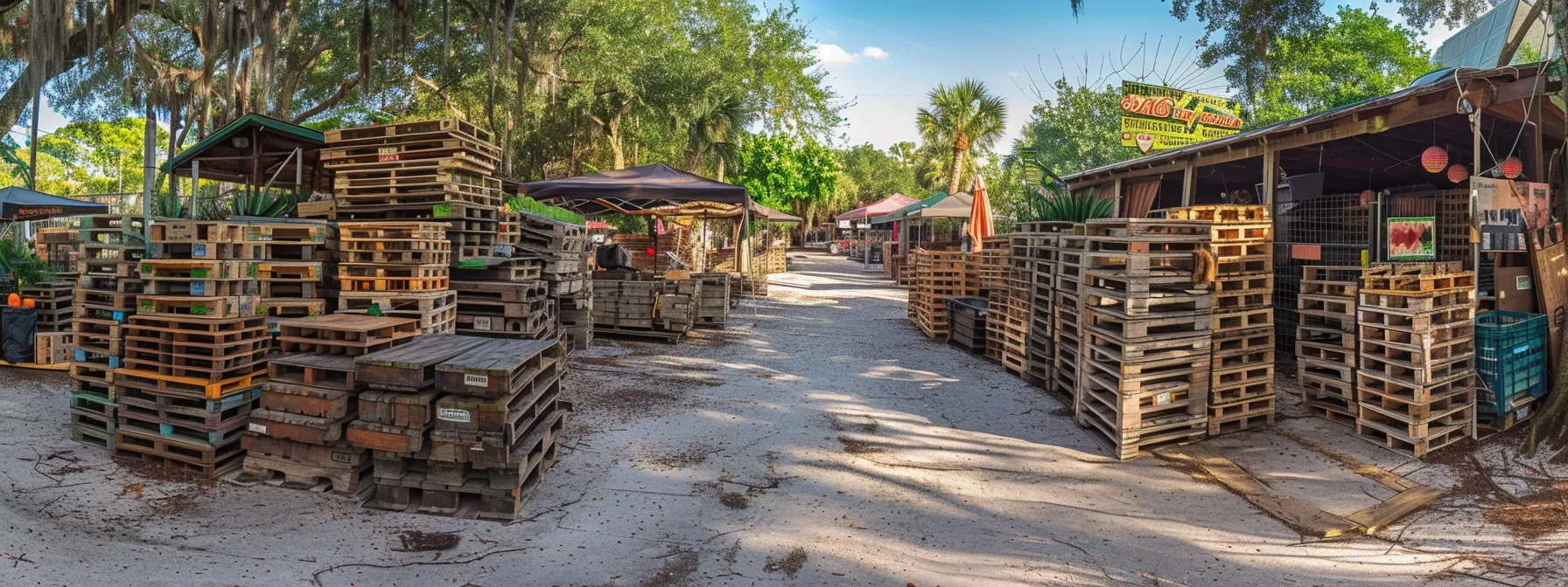 a vibrant marketplace in tampa bustling with suppliers showcasing stacks of weathered, recycled pallets against a backdrop of lush greenery, emphasizing sustainable operations and eco-friendly practices.