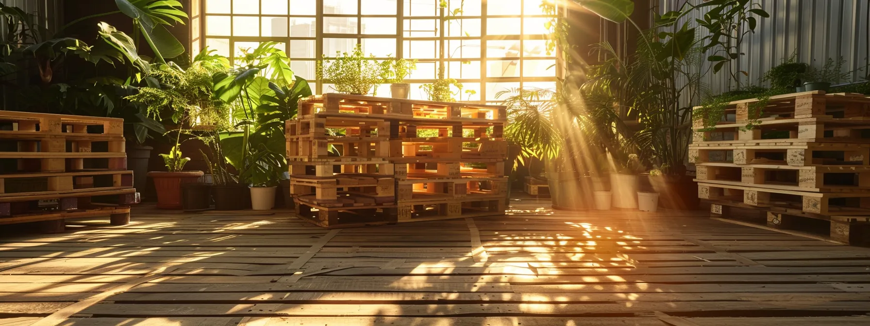 a vibrant scene showcasing a stack of recycled wooden pallets in a sunlit warehouse, symbolizing sustainable cost-efficiency and environmentally friendly operations amidst lush greenery outside the windows.