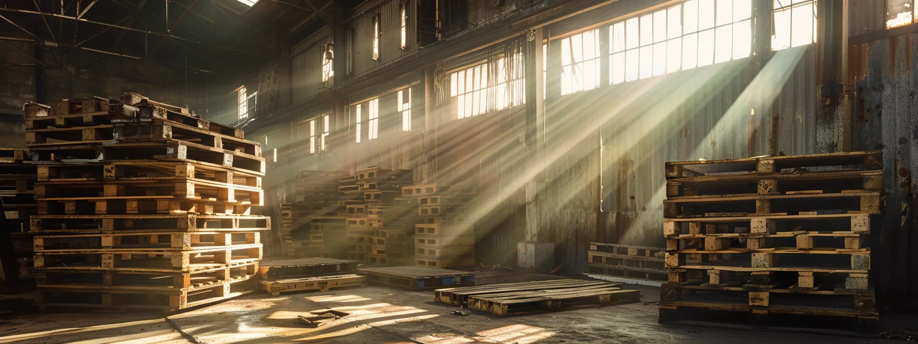 a vibrant, sunlit warehouse showcases a stack of repurposed wooden pallets, symbolizing sustainability and innovation in business practices.