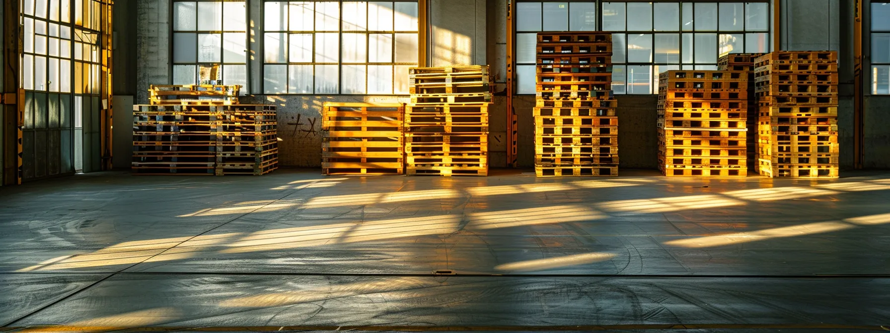 a vibrant warehouse scene showcasing organized custom pallets in pristine condition, illuminated by natural light streaming through large windows, emphasizing efficiency in logistics and proper handling practices.