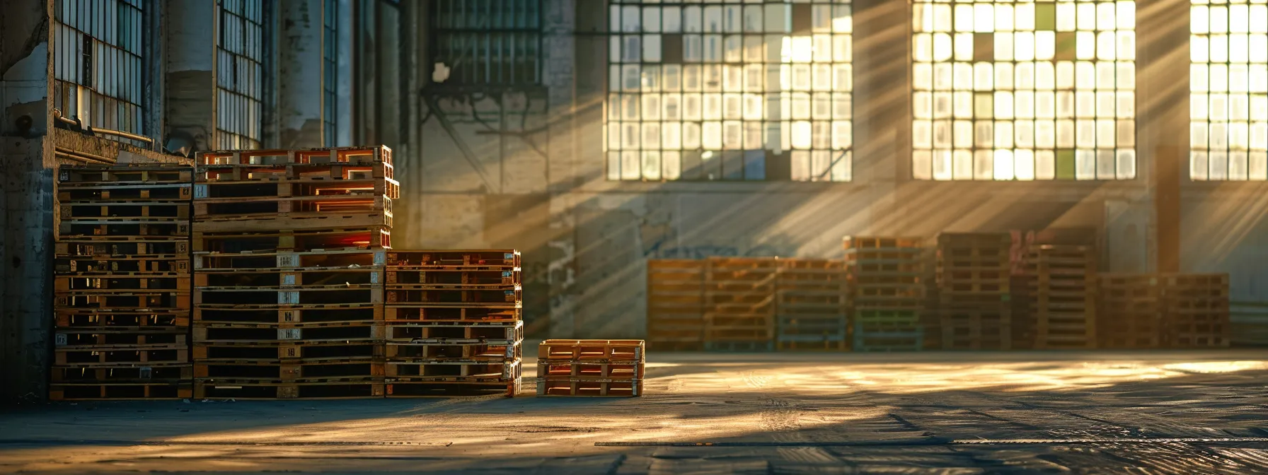 a vibrant warehouse scene showcases a stack of eco-friendly recycled pallets made of rustic kraft paper, illuminated by warm, natural light filtering through large windows, emphasizing their textured surfaces and the commitment to sustainability in a modern business environment.