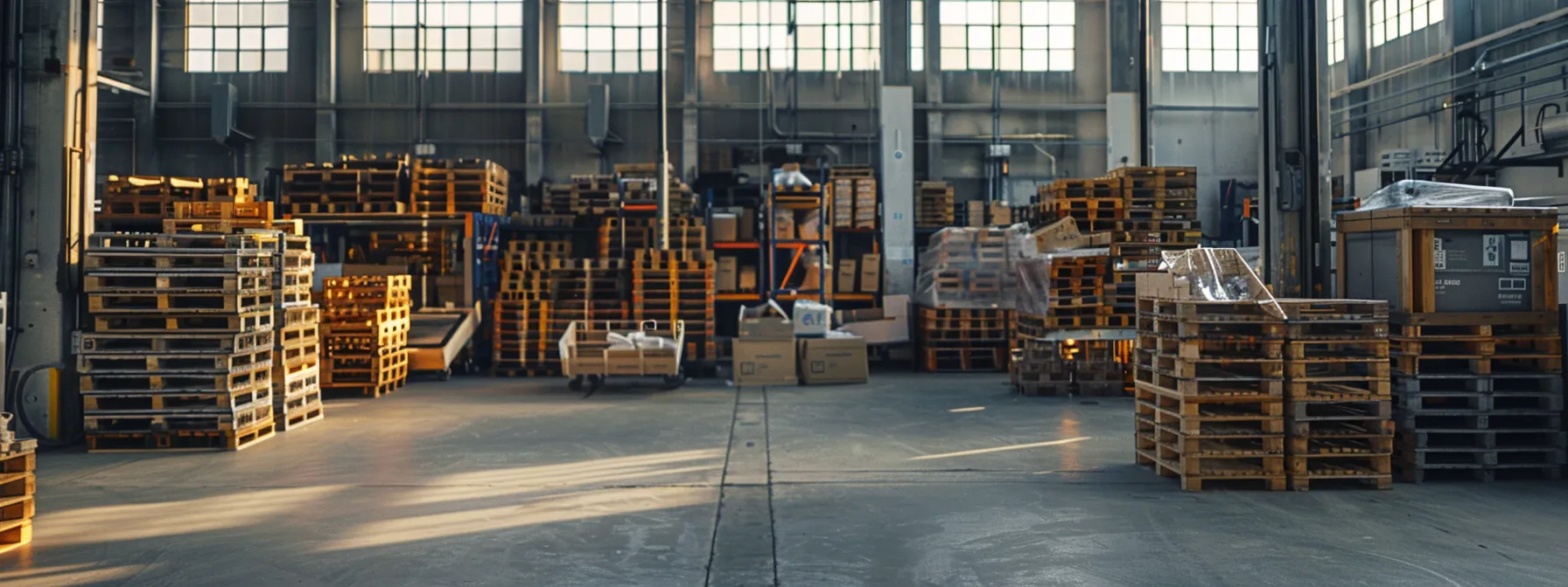 a visually captivating arrangement showcasing a diverse selection of custom pallets made from wood, plastic, metal, and composite materials, illuminated by soft natural light to highlight their texture and versatility in a clean, industrial setting.