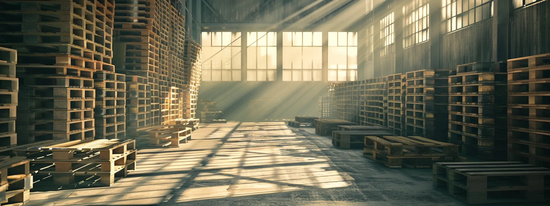 a visually striking warehouse scene showcases an array of customized wooden pallets, each meticulously designed for various inventory types, bathed in soft natural light filtering through large windows, highlighting their dimensions and materials against a backdrop of organized shipping crates.