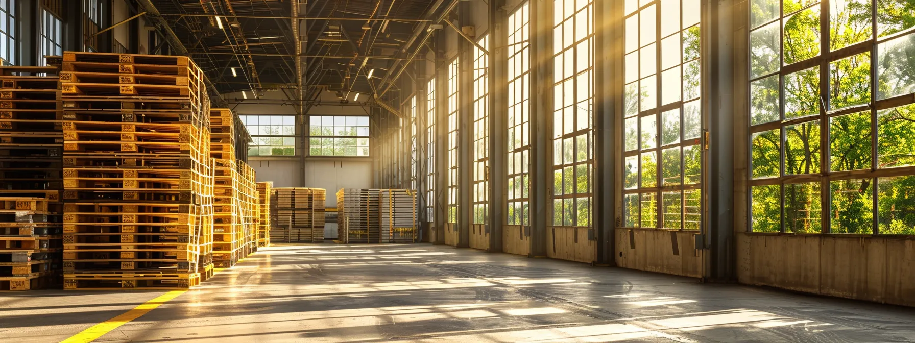 a vivid scene of heat-treated pallets stacked neatly in a bright, spacious warehouse, bathed in soft natural light filtering through large windows, emphasizing their significance for safe international shipping.