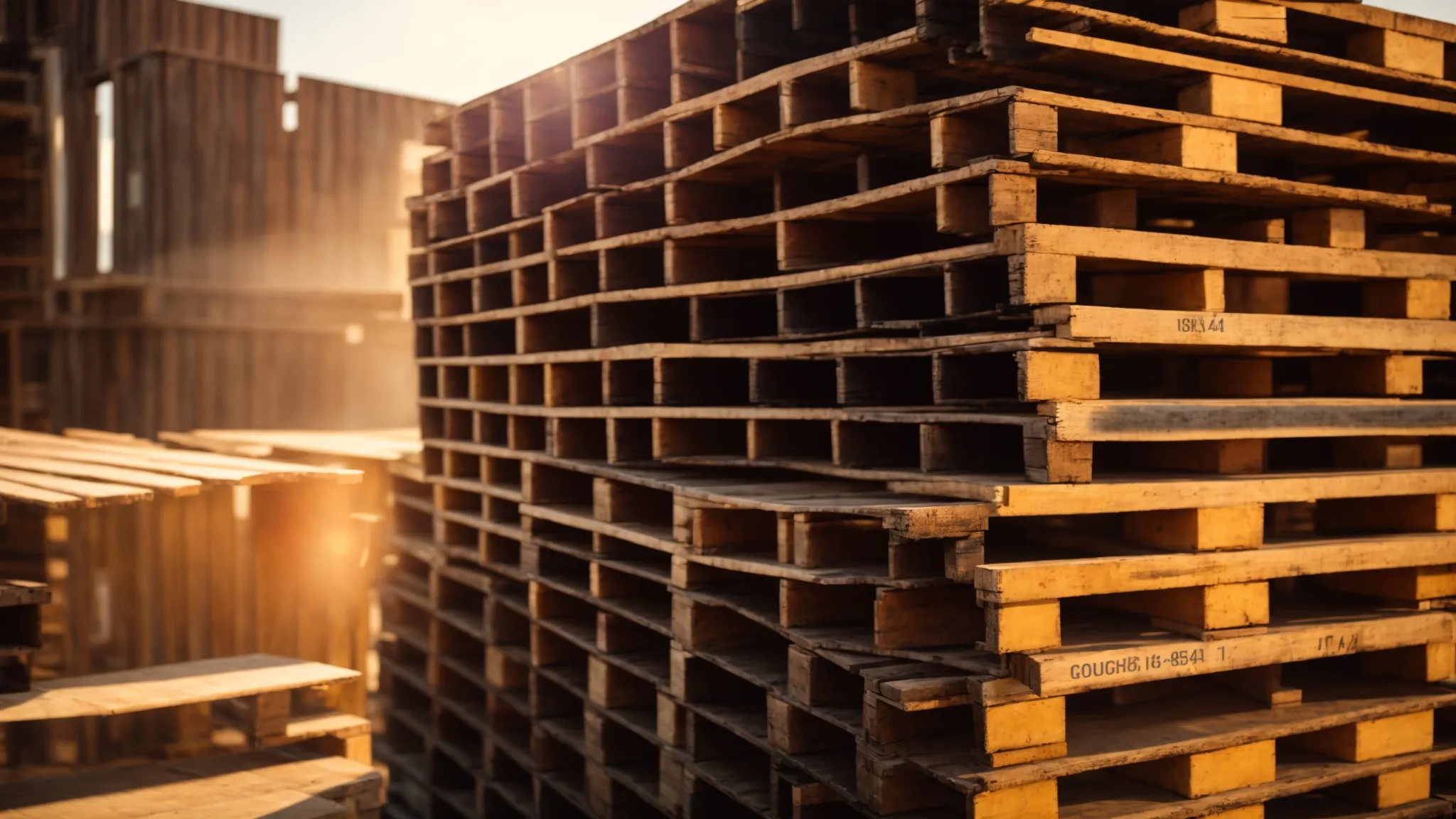 a stack of robust heat-treated pallets, basking in warm, golden sunlight, showcases their durability and readiness for global trade, symbolizing efficiency and reliability in supply chain logistics.