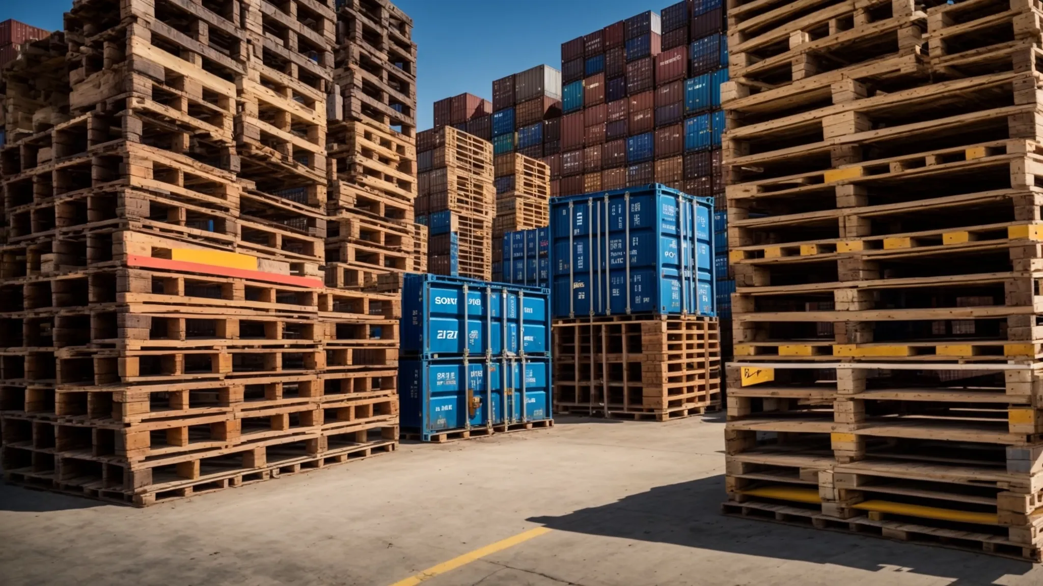 a striking image of a stack of heat-treated wooden pallets, prominently displaying their sturdy construction, surrounded by vibrant trade elements like shipping containers and a clear blue sky above, symbolizing their importance in global logistics.