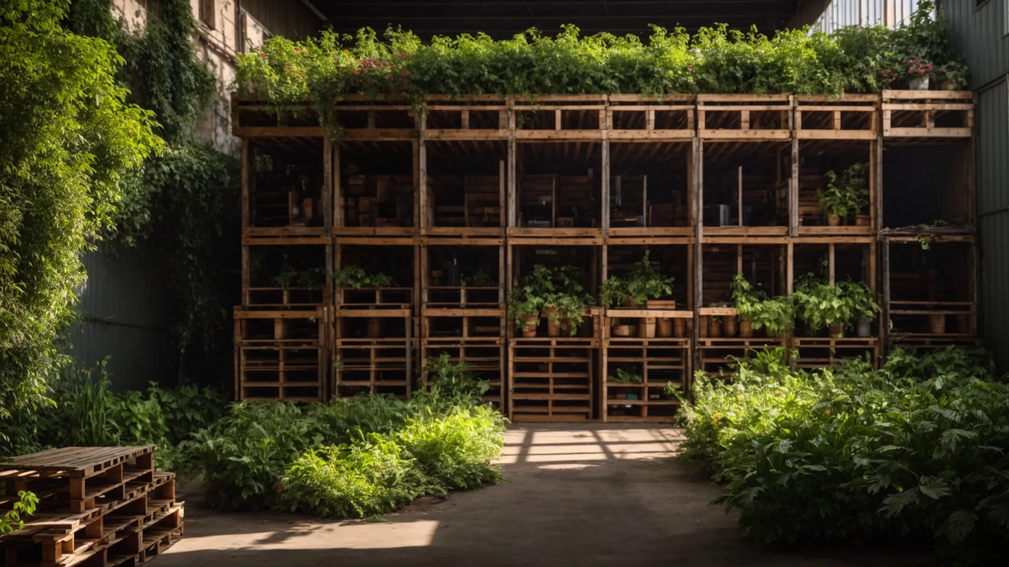 a vibrant and sunlit warehouse filled with neatly stacked recycled wooden pallets, showcasing the harmony of sustainability and efficiency while surrounded by lush greenery thriving outside the large windows.