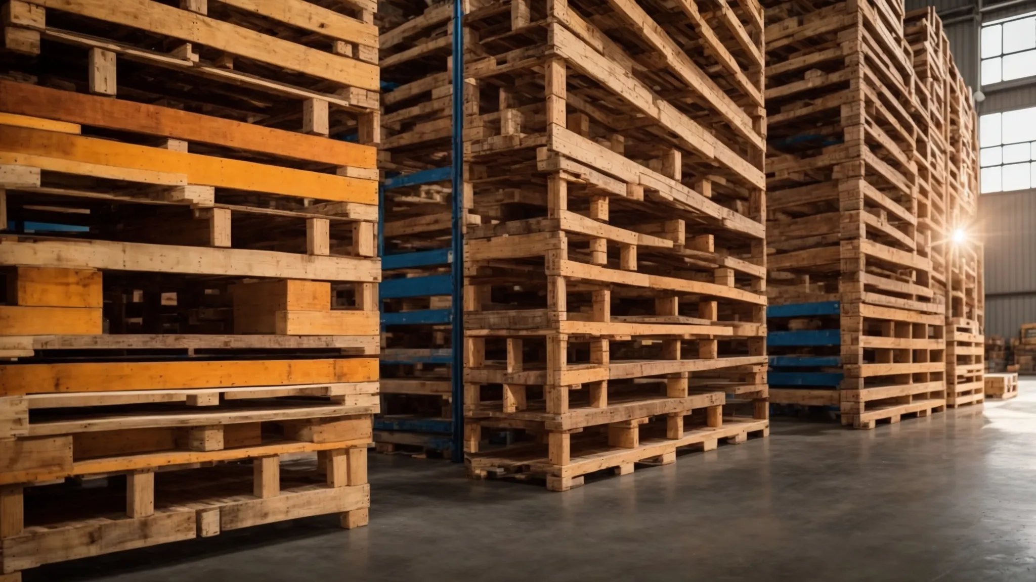 a vibrant display of sturdy, well-constructed recycled pallets stacked in an eco-friendly warehouse, illuminated by natural light, emphasizing their reliability and innovative design for sustainable shipping solutions.