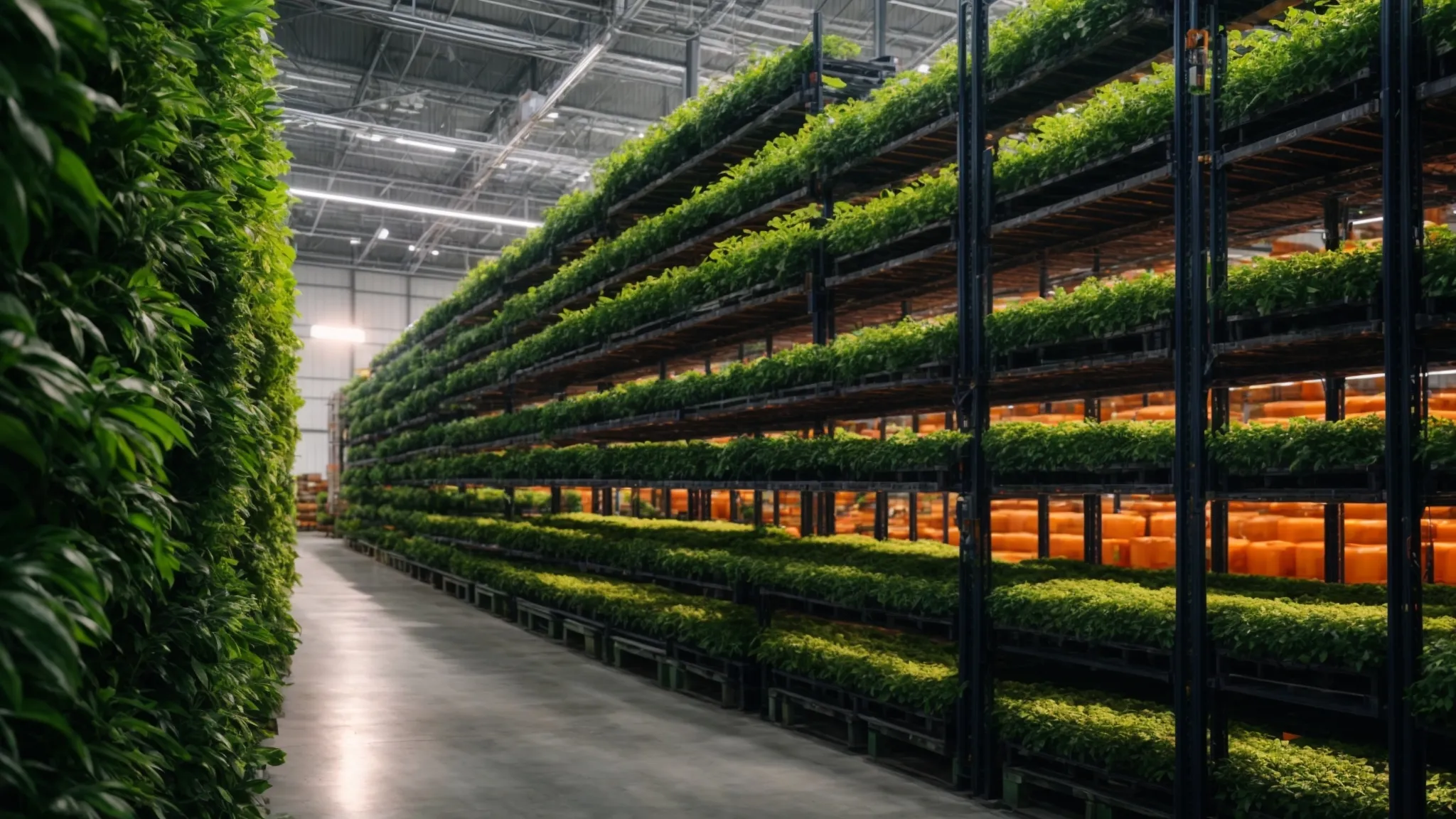 a vibrant scene of a modern distribution center adorned with lush greenery, showcasing eco-friendly pallets undergoing thermal heat treatment under bright, natural lighting, symbolizing sustainable manufacturing practices.