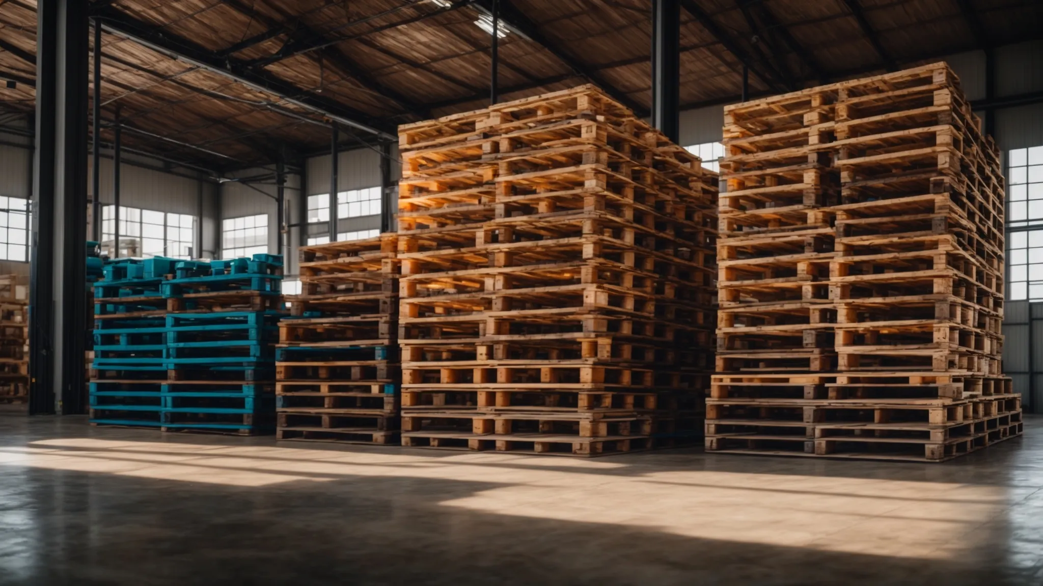 a vibrant, side-by-side comparison of heat-treated pallets and untreated wooden pallets, set in a warehouse environment, highlighting their distinct textures and colors under bright, natural lighting.