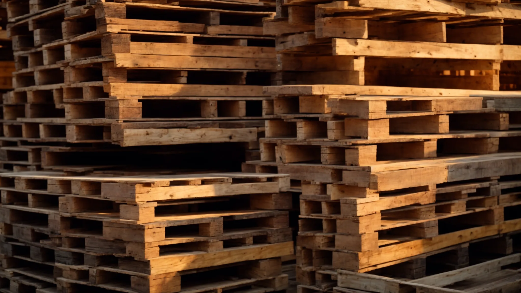 a visually striking close-up of heat-treated wooden pallets stacked harmoniously, glistening under soft, natural light, symbolizing compliance and readiness for international trade.