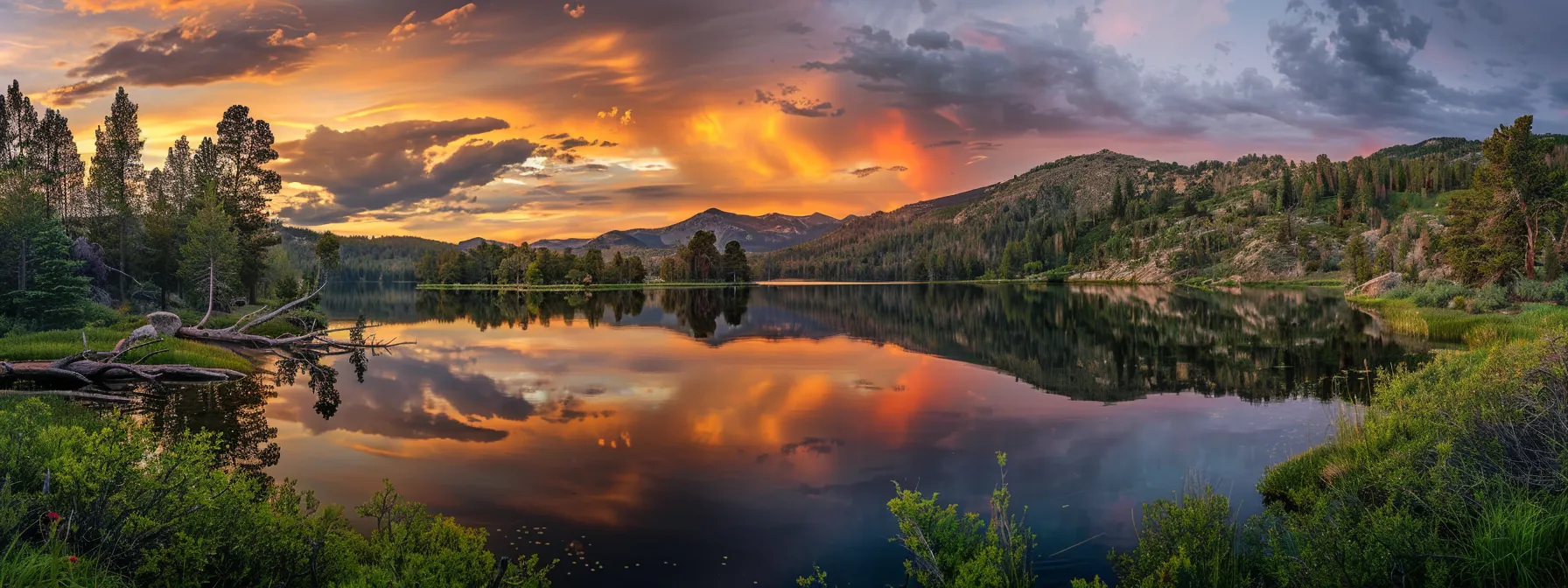 a vibrant sunset casts a golden hue over a tranquil lake, reflecting the fiery sky and surrounded by lush green trees, creating a serene and captivating landscape. a vibrant sunset casts a golden hue over a tranquil lake, reflecting the fiery sky and surrounded by lush green trees, creating a serene and captivating landscape.