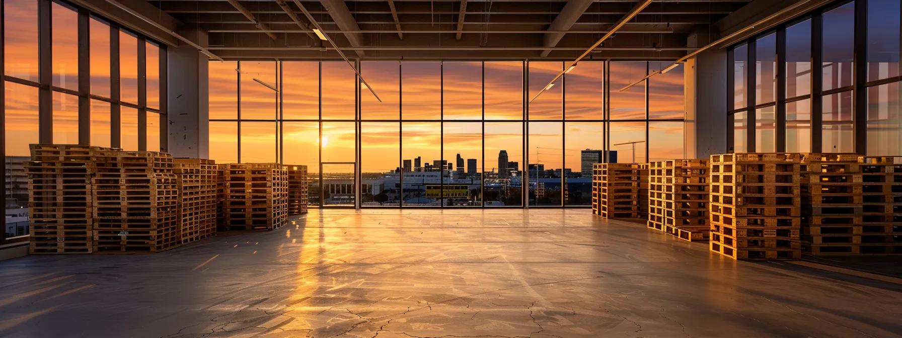 a sleek, modern warehouse filled with neatly stacked recycled pallets, showcasing their durability and eco-friendliness against the backdrop of urban tampa's skyline through large glass windows, illuminated by crisp, artificial lighting.