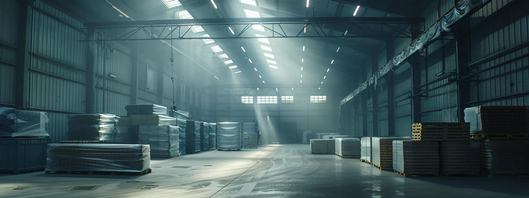 a dynamic warehouse setting showcases an array of custom pallets efficiently organized for optimized shipping, illuminated by bright overhead lights that highlight their unique designs and robust features.
